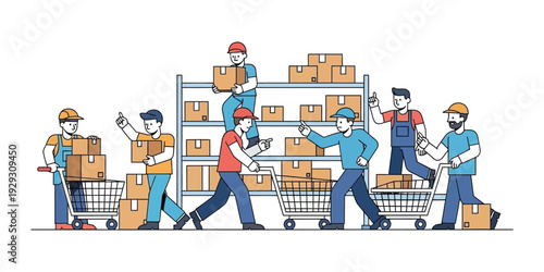 vector illustration of a group of people working together as cargo box sorters