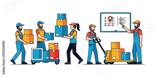 vector illustration of a group of people working together as cargo box sorters