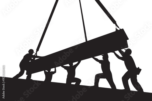 Silhouette of workers lifting heavy beam with crane