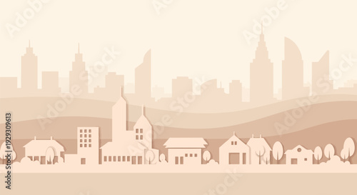 City Skyline with Buildings and Church.