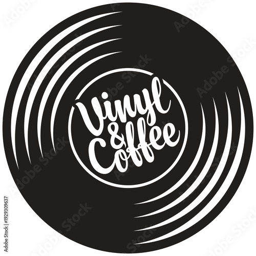 Vector logo, sign or banner for cafe or music restaurant with vinyl records, plate, player and inscription "Vinyl and coffee" in retro style. Advertising poster, flyer, signboard, menu. No ai used