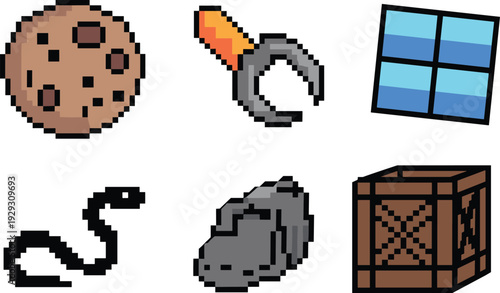 Retro pixel art burglary tools and break in icons, crime themed 8bit game assets isolated background