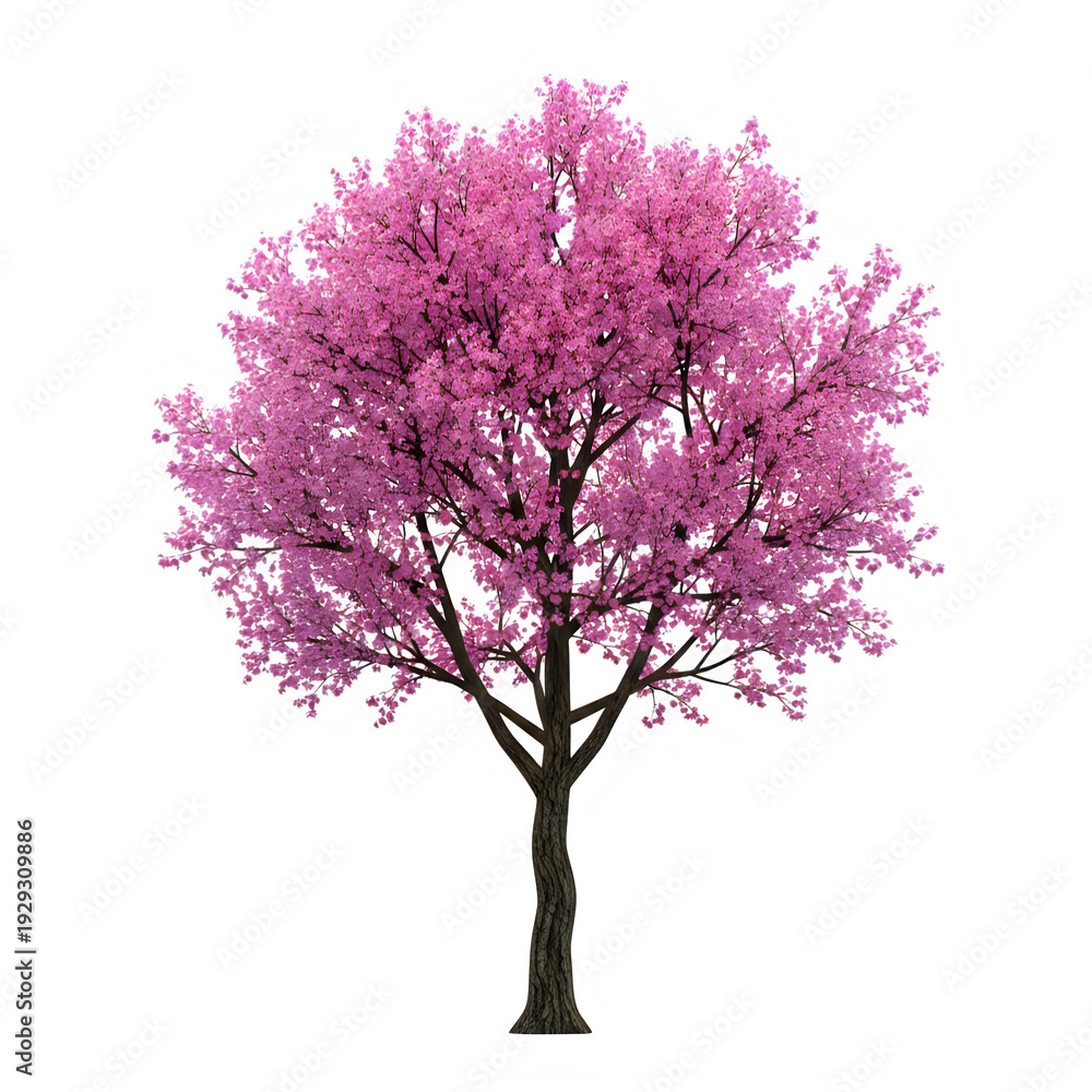 Naklejka premium A solitary cherry blossom tree adorned with vibrant pink flowers against a plain background
