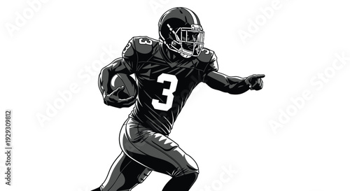 Dynamic illustration of an American football player running powerfully with the ball and pointing forward