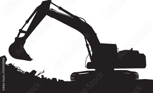 Black excavator silhouette on white background with rubble