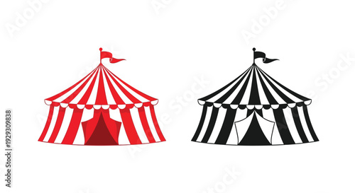 Collection of vibrant red striped circus tent icons shown in both color and black silhouette formats