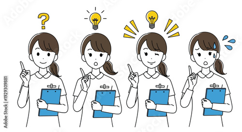 Four female nurse characters illustrating confusion problem solving and good idea realization sequence