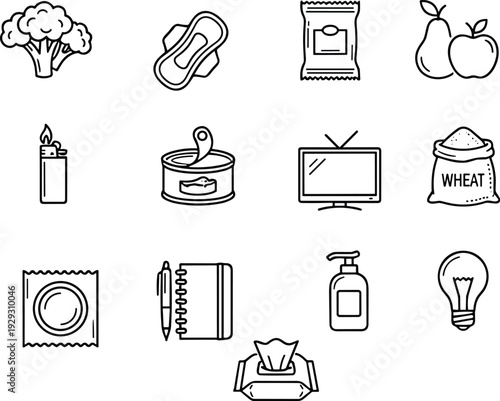 Household and grocery line icons set featuring food personal care electronics stationery items minimal outline vector isolated white background