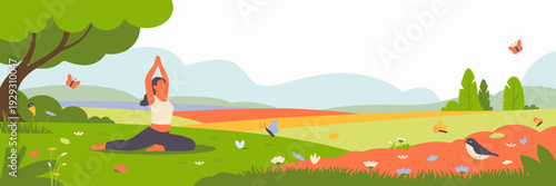 woman practicing yoga in park with green landscape and flowers, Outdoor meditation and healthy lifestyle background in peaceful nature setting.