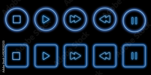 Collection of glowing media player transport buttons isolated on black background. 
