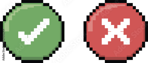Pixel art game UI buttons with check mark and cross icon, retro 8bit interface confirmation symbols
