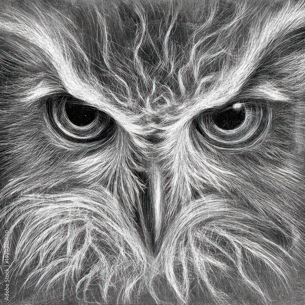 Fototapeta premium Intense monochrome artwork of an owl's face, close-up, showcasing its expressive eyes
