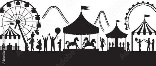 Black silhouette amusement park scene with people and rides