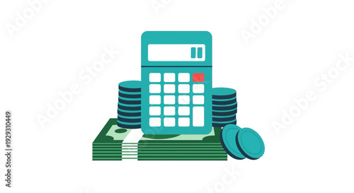 Green calculator with money, coins and banknotes