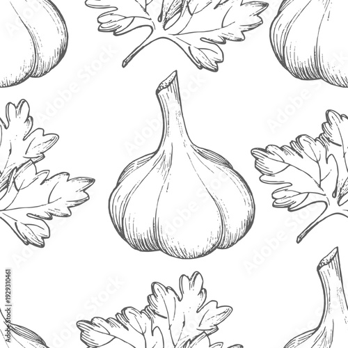 Seamless pattern of garlic. Vector ink styled handmade illustration. For packaging design, cards, cover, prints, product labels and fabric.