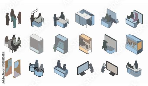 Isometric expo icons set with business people exhibition stands and promotion elements