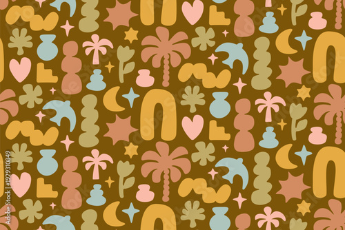 Boho summer brown seamless pattern. Neutral muted color tropical palm tree and cloud childish beach bg. Scandinavian organic shapes. Retro vibes celestial aesthetic repeat patern. Spark twinkle print