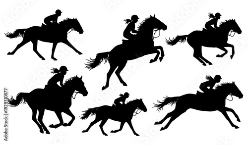 Dynamic Galloping Horse Rider Silhouettes Male Female Equestrian Vector Clipart
