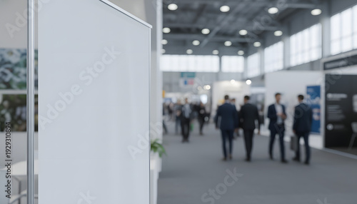 Blurred People Walking in a Modern Exhibition Hall with Blank Advertising Stand, Ready for Your Custom Message and Branding