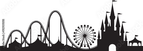 Black silhouette amusement park with roller coaster and castle