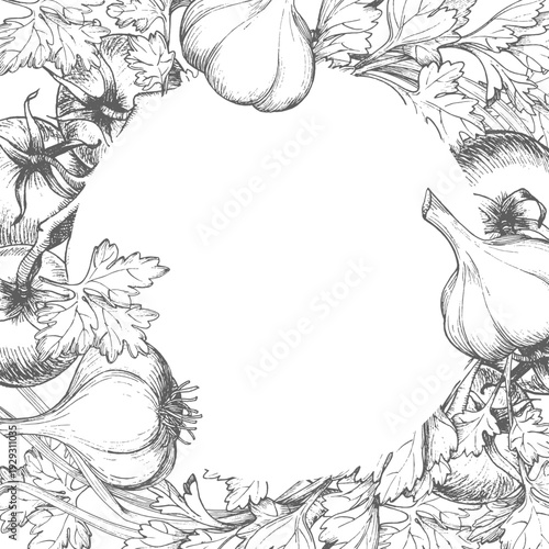 Square frame of the tomatoes, parsley, green onion and garlic. Vector ink styled handmade illustration. For packaging design, cards, cover, prints, product labels and fabric.