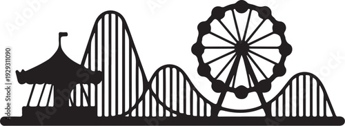 Black silhouette amusement park with roller coaster and ferris wheel 2