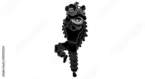 Black and white illustration of a dancing monster with curly hair and a big smile.