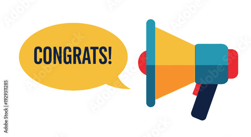 A colorful illustration of a megaphone with a speech bubble saying congrats