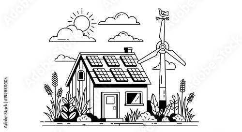 Eco friendly house with solar panels and wind turbine outdoors
