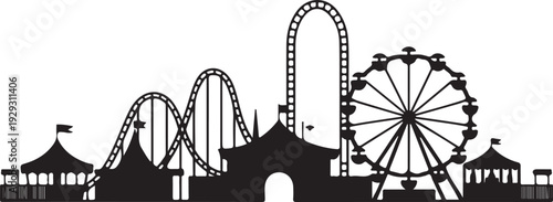 Black silhouette amusement park with roller coasters and ferris wheel