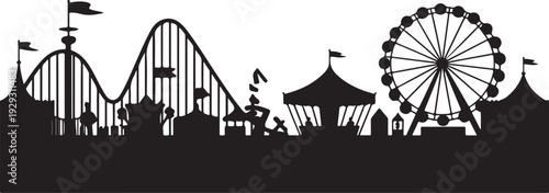 Black silhouette amusement park with rollercoaster and ferris wheel