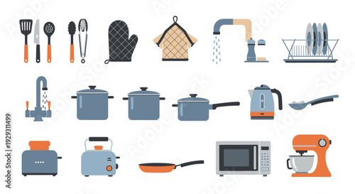 Kitchen utensils and appliances collection for cooking and food preparation