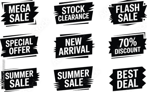 Black and white sale stickers discount sale, discount, stickers, black, white, labels, tags, promotional, advertising, marketing, mega sale, stock clearance, flash sale, special offer, new arrival, su