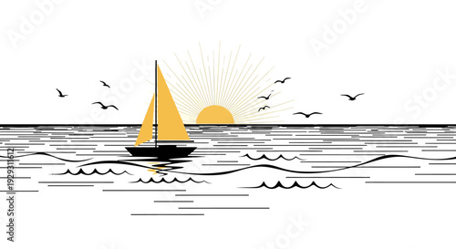 Sailboat on water with sun setting and birds flying overhead on horizon