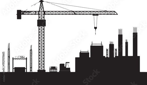 Black silhouette cityscape with construction crane and buildings 1