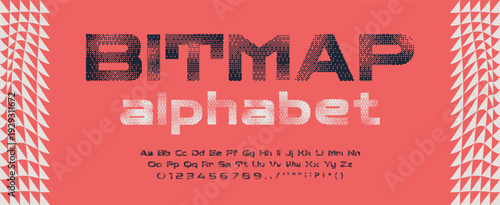Bitmap dither alphabet with numbers. 8 bit vintage computer letters. Y2k pixel art. 90s aesthetics gradient grid font. Old school retro typeface. Vector illustration.