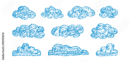 Crayon hand drawn clouds in kid's style. Pencil or charcoal drawings childish blue icons isolated on white. Doodle sky symbols.