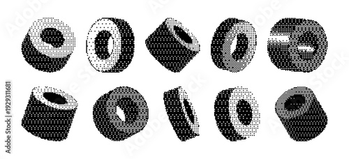 Y2K bitmap shape set. Pixelated texture elements. Cylinders with a round hole in the middle in halftone pixel art style. Retro brutalism bit figure collection. Black and white colors.