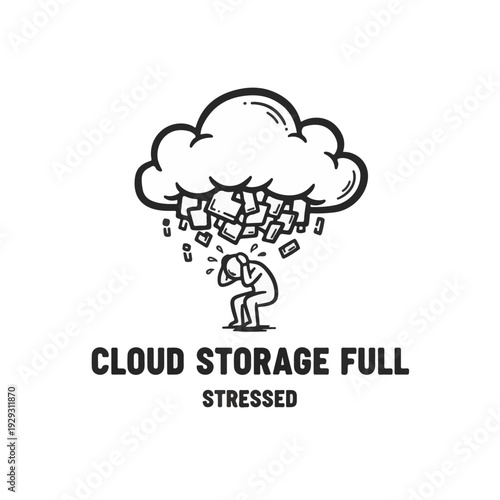 Stressed Character Cloud Storage Full Illustration for Information Overload Burnout and Cybersecurity Data Breach Prevention