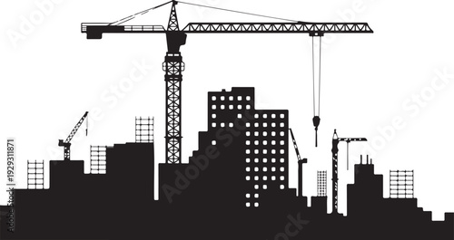 Black silhouette cityscape with cranes and buildings