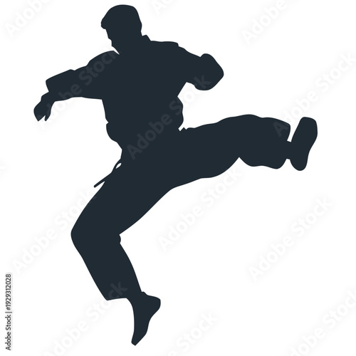Martial arts silhouette of a person performing a jumping kick, dynamic athlete action pose, isolated vector illustration.