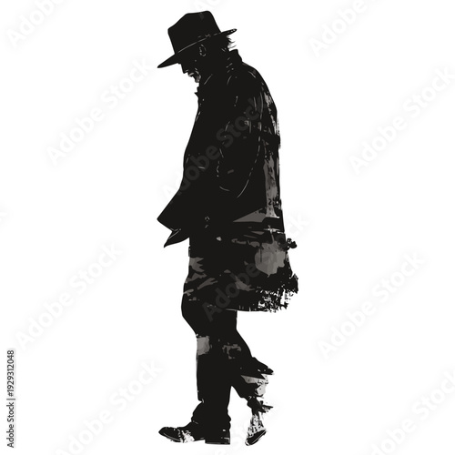 Silhouette of a man wearing a hat and coat, walking figure isolated on a white background.