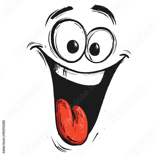 Funny cartoon face with wide eyes and tongue out, expressing excitement and joy, expressive character mascot illustration isolated on a white background.