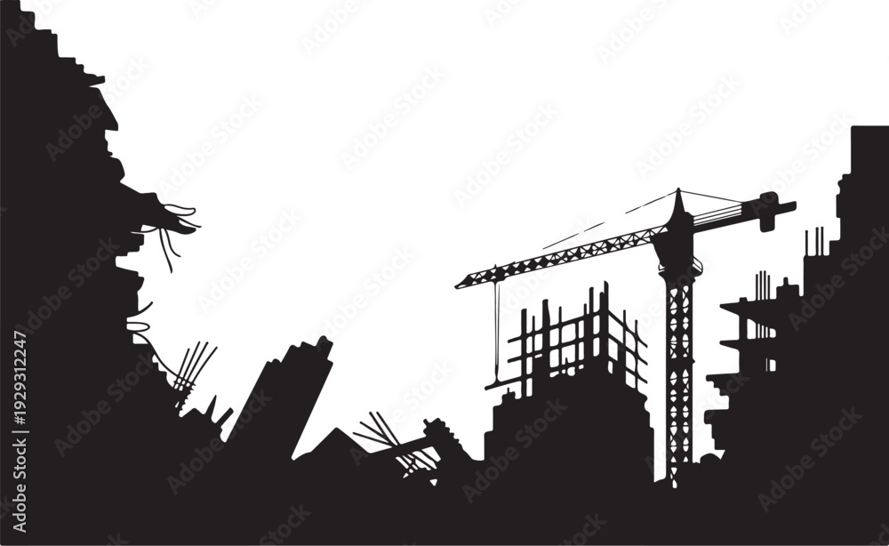 Obraz premium Black silhouette construction site with crane and buildings 1
