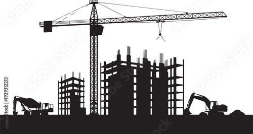 Black silhouette construction site with crane and buildings