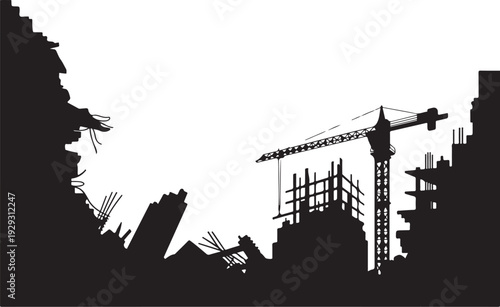 Black silhouette construction site with crane and buildings 1