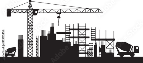 Black silhouette construction site with crane and cement mixer