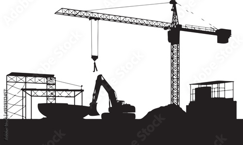 Black silhouette construction site with crane and excavator 1