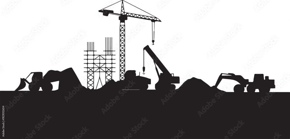 Obraz premium Black silhouette construction site with crane and excavators