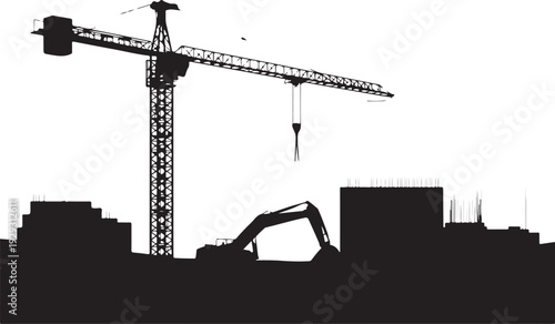 Black silhouette construction site with crane and excavator 2
